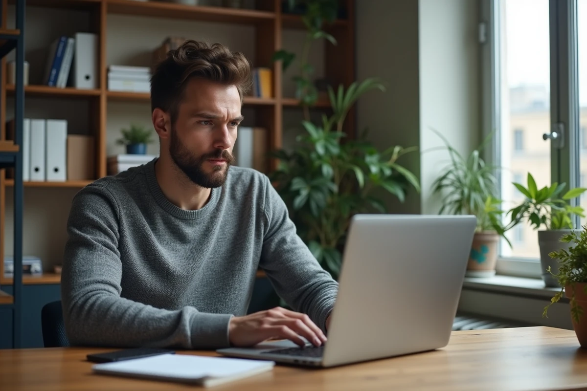 Homme pensif travaillant dans un appartement parisien