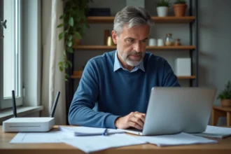 Homme d'âge moyen utilisant son ordinateur dans un bureau à domicile