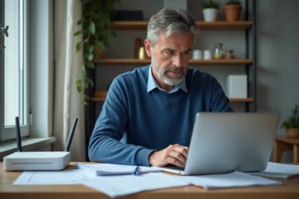 Homme d'âge moyen utilisant son ordinateur dans un bureau à domicile