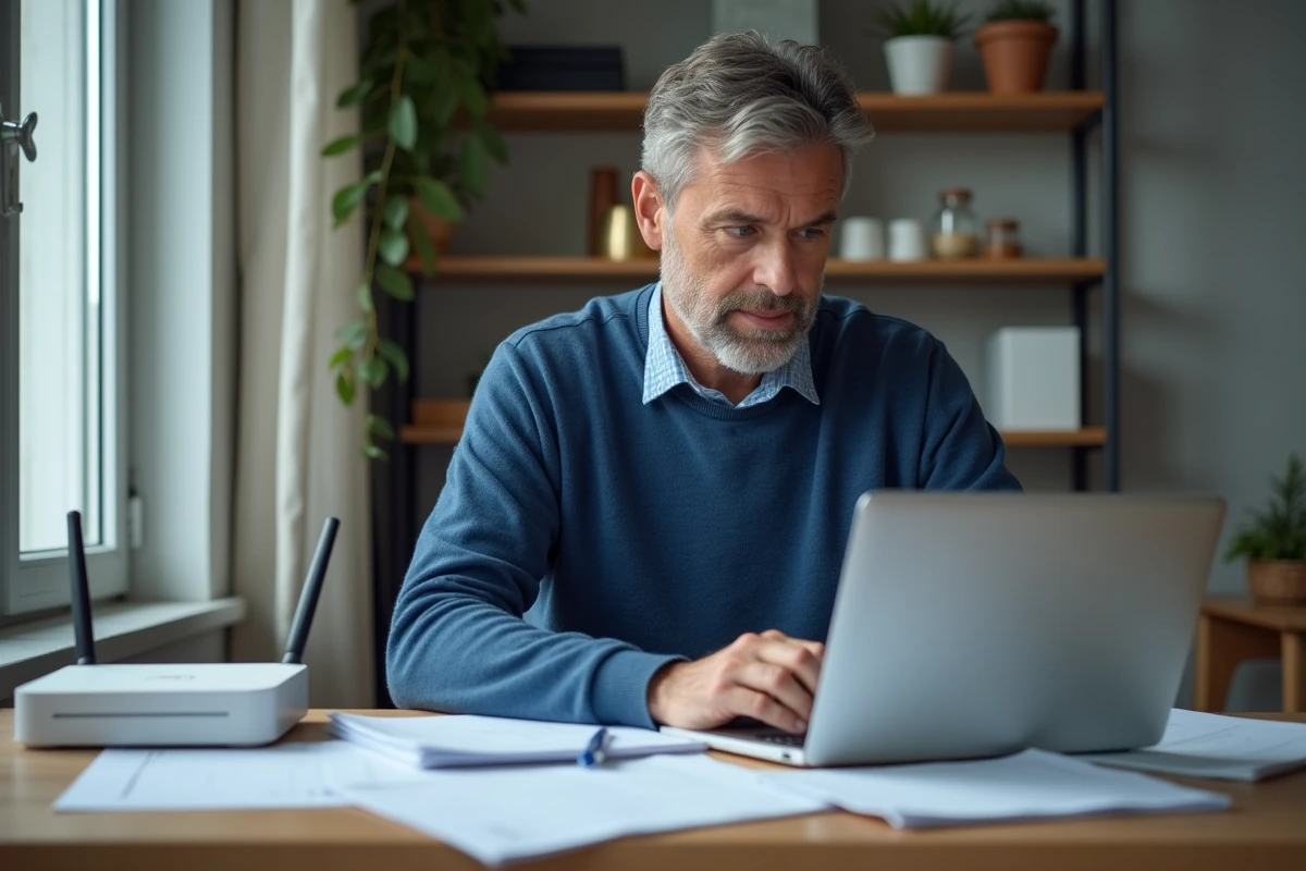 Homme d'âge moyen utilisant son ordinateur dans un bureau à domicile