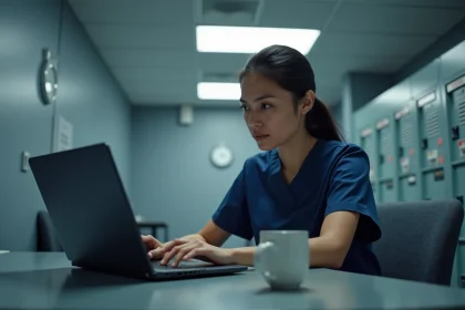 Infirmière en uniforme consultant un tableau Excel de gestion des horaires de nuit sur un ordinateur portable dans une salle de pause hospitalière