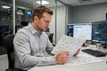 Ingénieur réseau analysant un schéma de topologie VLAN annoté dans un bureau de datacenter moderne