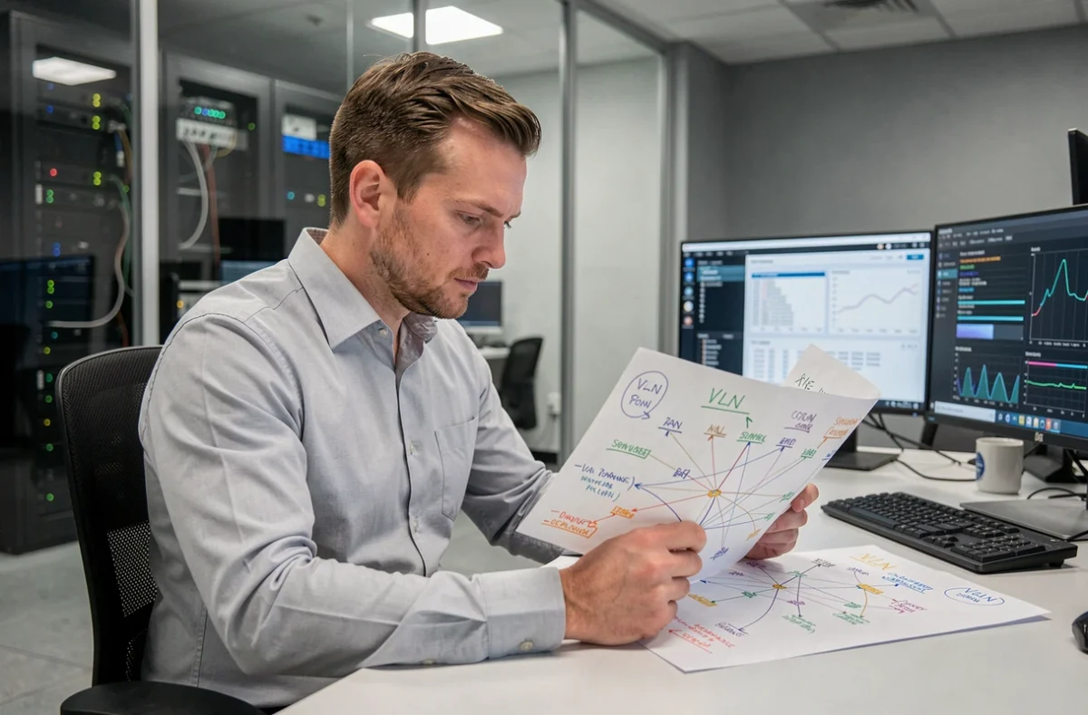Ingénieur réseau analysant un schéma de topologie VLAN annoté dans un bureau de datacenter moderne
