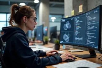 Ingénieure en apprentissage automatique travaillant sur l'optimisation d'un réseau ResNet avec contraintes GPU, entourée de diagrammes de réseaux de neurones dans un bureau tech moderne