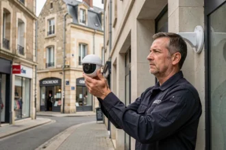 Technicien installant une caméra de vidéosurveillance sur un bâtiment commercial en Centre-Val de Loire