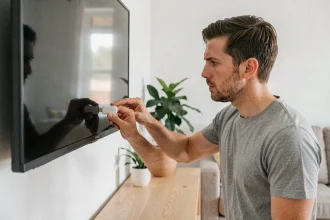 Homme branchant un Chromecast sur le port HDMI d'un téléviseur dans un salon moderne