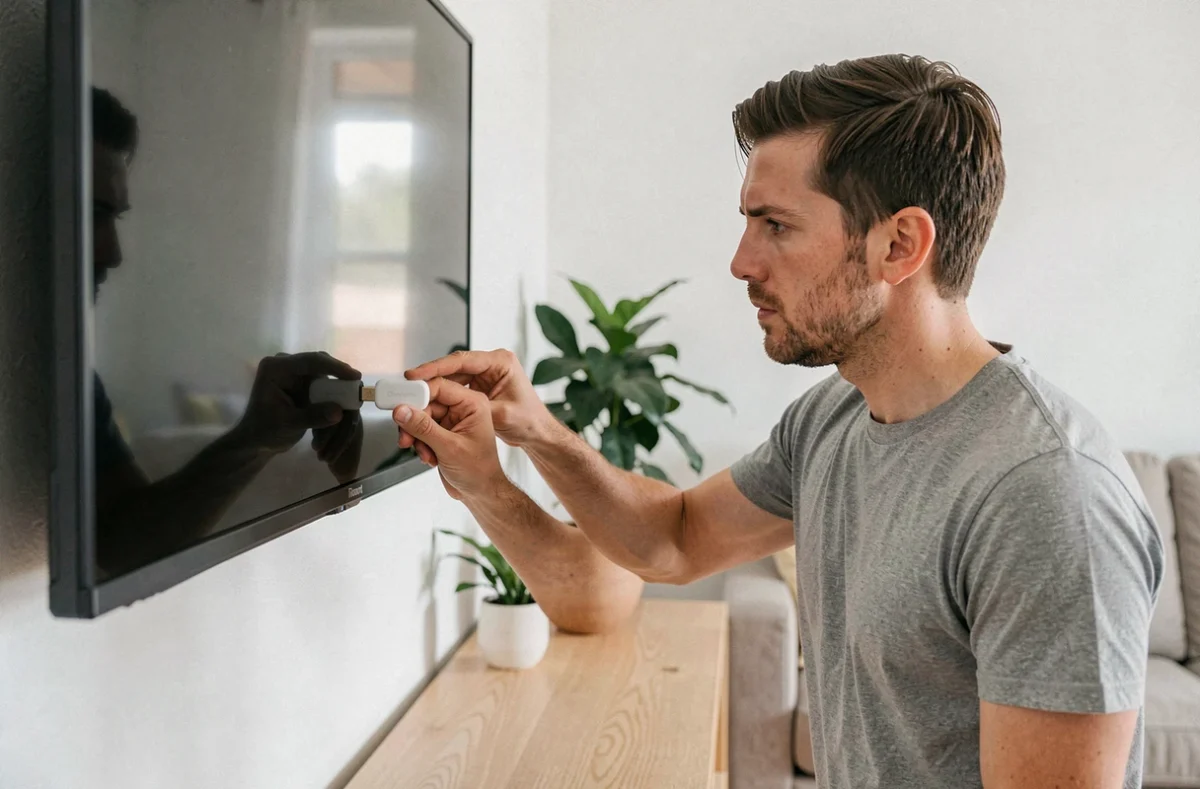 Homme branchant un Chromecast sur le port HDMI d'un téléviseur dans un salon moderne