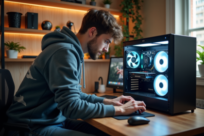 Jeune homme installant une carte graphique dans un PC moderne