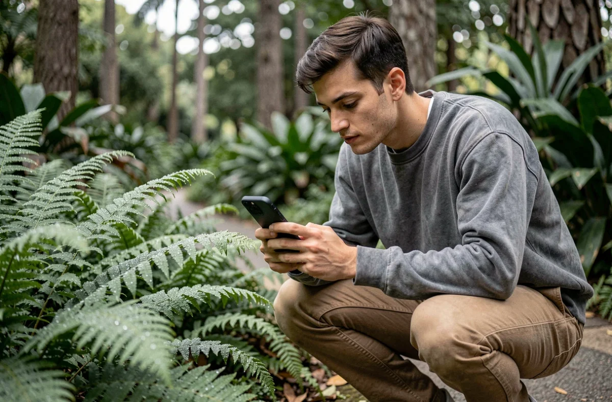 Jeune homme utilisant un iPhone pour photographier des fougères en jardin botanique, meilleur iPhone photo rapport qualité prix