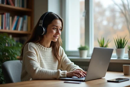 Jeune femme avec casque travaillant sur son ordinateur dans un bureau cosy
