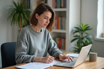 Jeune femme concentrée sur son clavier et notes à la maison