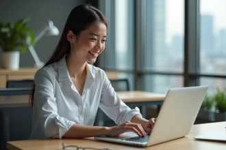 Jeune femme au bureau regardant son ordinateur avec satisfaction