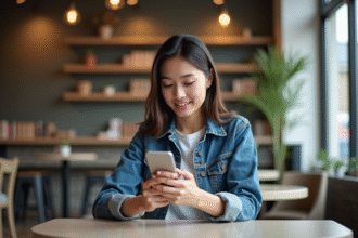 Jeune femme en denim dans un café moderne avec smartphone