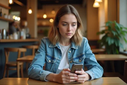 Jeune femme au café regardant son smartphone