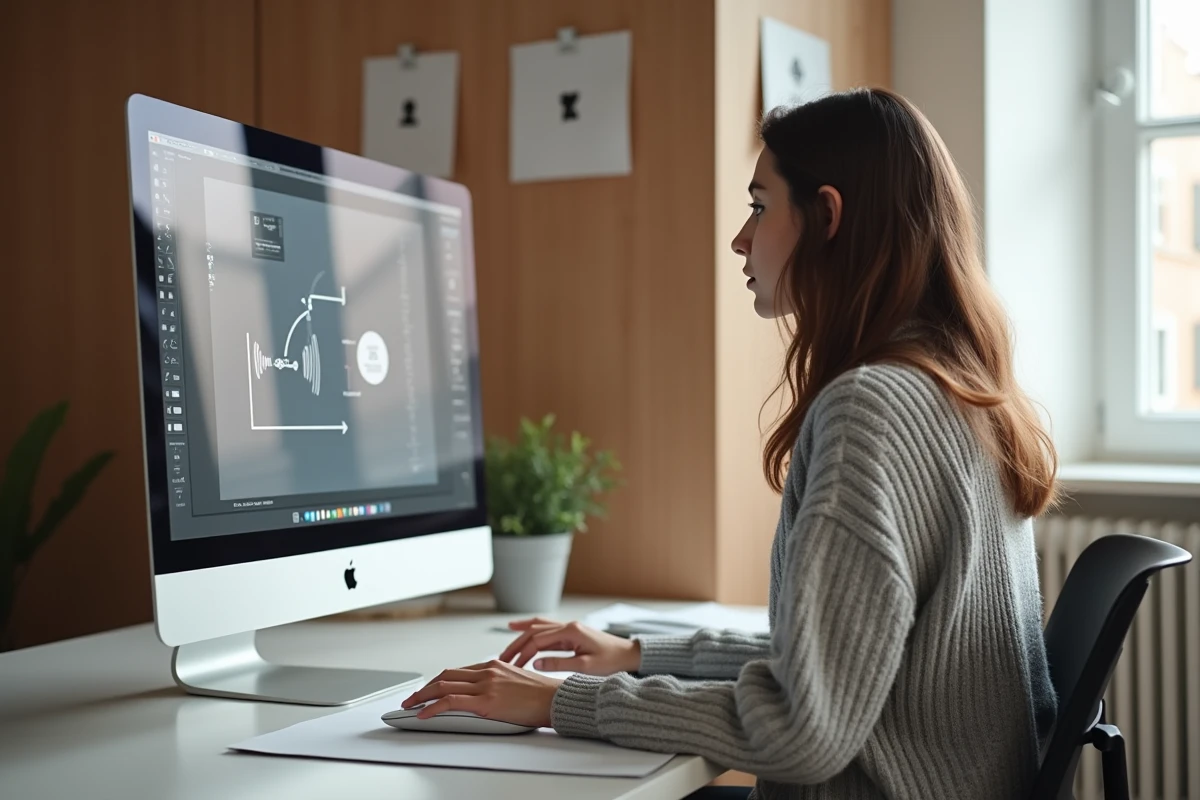 Jeune femme en sweater ajuste un projet digital sur un écran