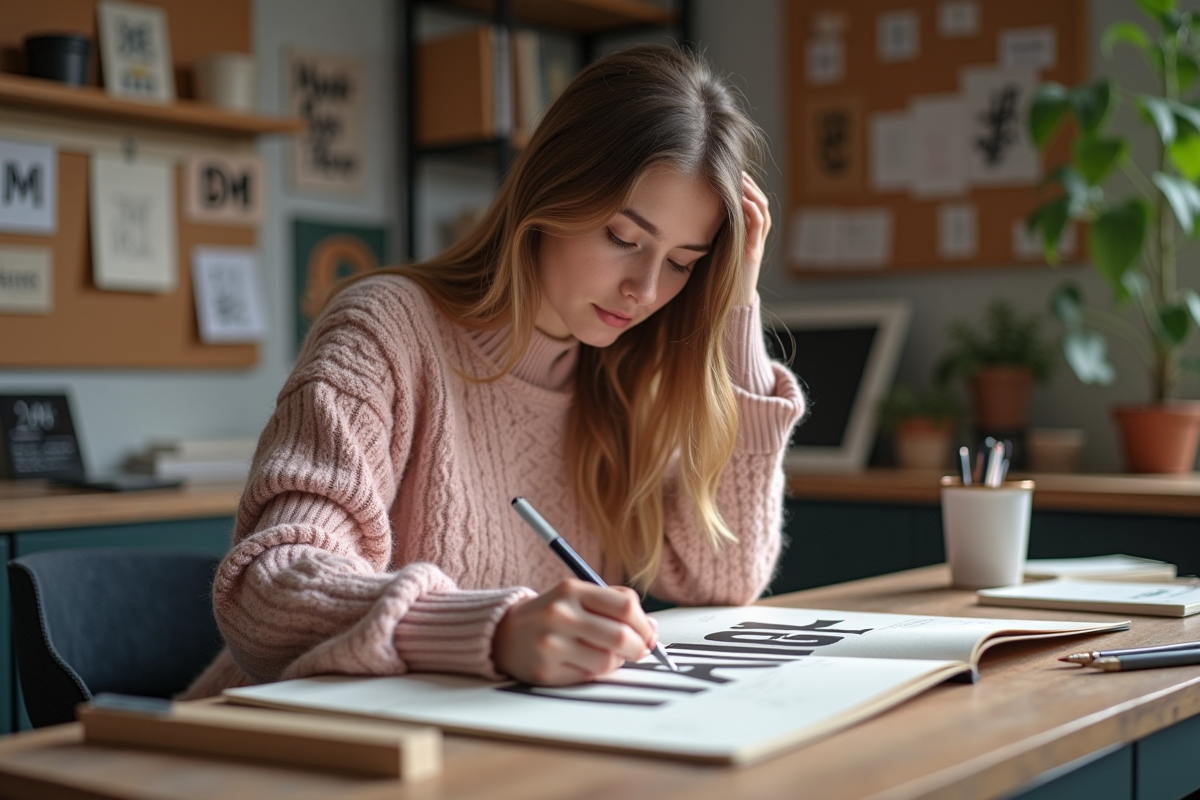 Jeune femme dessinant des lettres stables dans un studio cosy