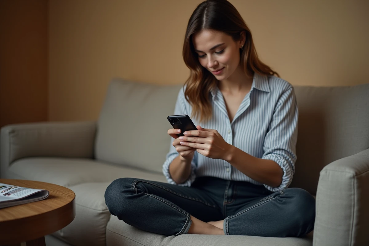 Jeune femme gérant le filtrage de ses emails et la séparation des spams publicitaires sur smartphone depuis son canapé