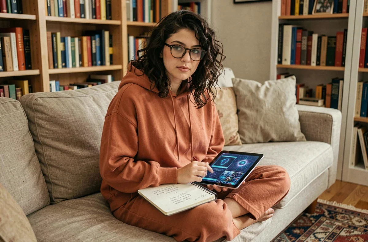 Jeune femme prenant des notes en français pour adapter des prompts Leonardo AI depuis sa tablette dans un salon cosy