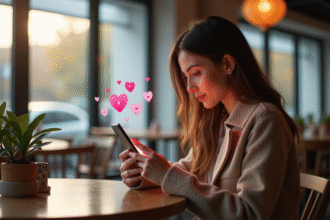 Jeune femme utilisant son smartphone au café avec notifications Instagram