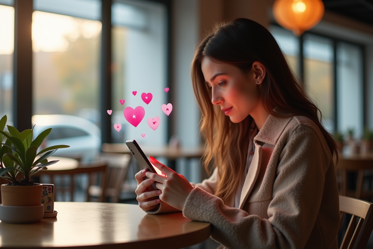 Jeune femme utilisant son smartphone au café avec notifications Instagram