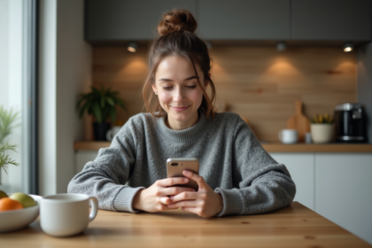 Jeune femme regardant son iPhone dans la cuisine