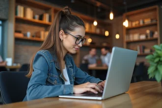 Jeune femme en coworking travaille sur son ordinateur