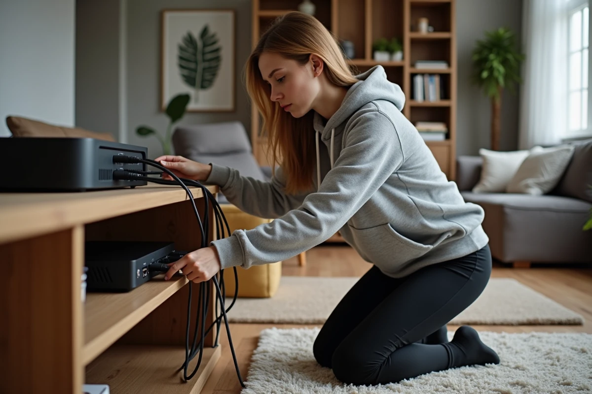 Jeune femme vérifiant les câbles réseau près d