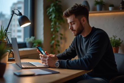 Jeune homme concentré vérifiant son portefeuille bitcoin sur smartphone