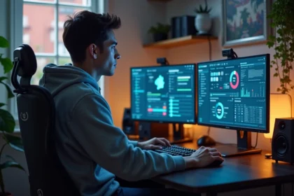 Jeune homme concentré devant un ordinateur dans un bureau moderne