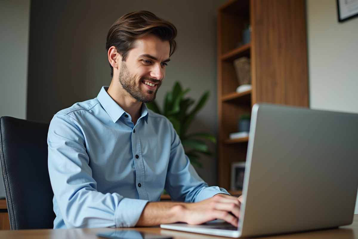 Jeune homme en tenue casual travaillant sur un ordinateur portable dans un bureau moderne