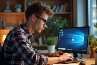 Jeune homme concentré insérant une clé USB dans son ordinateur portable
