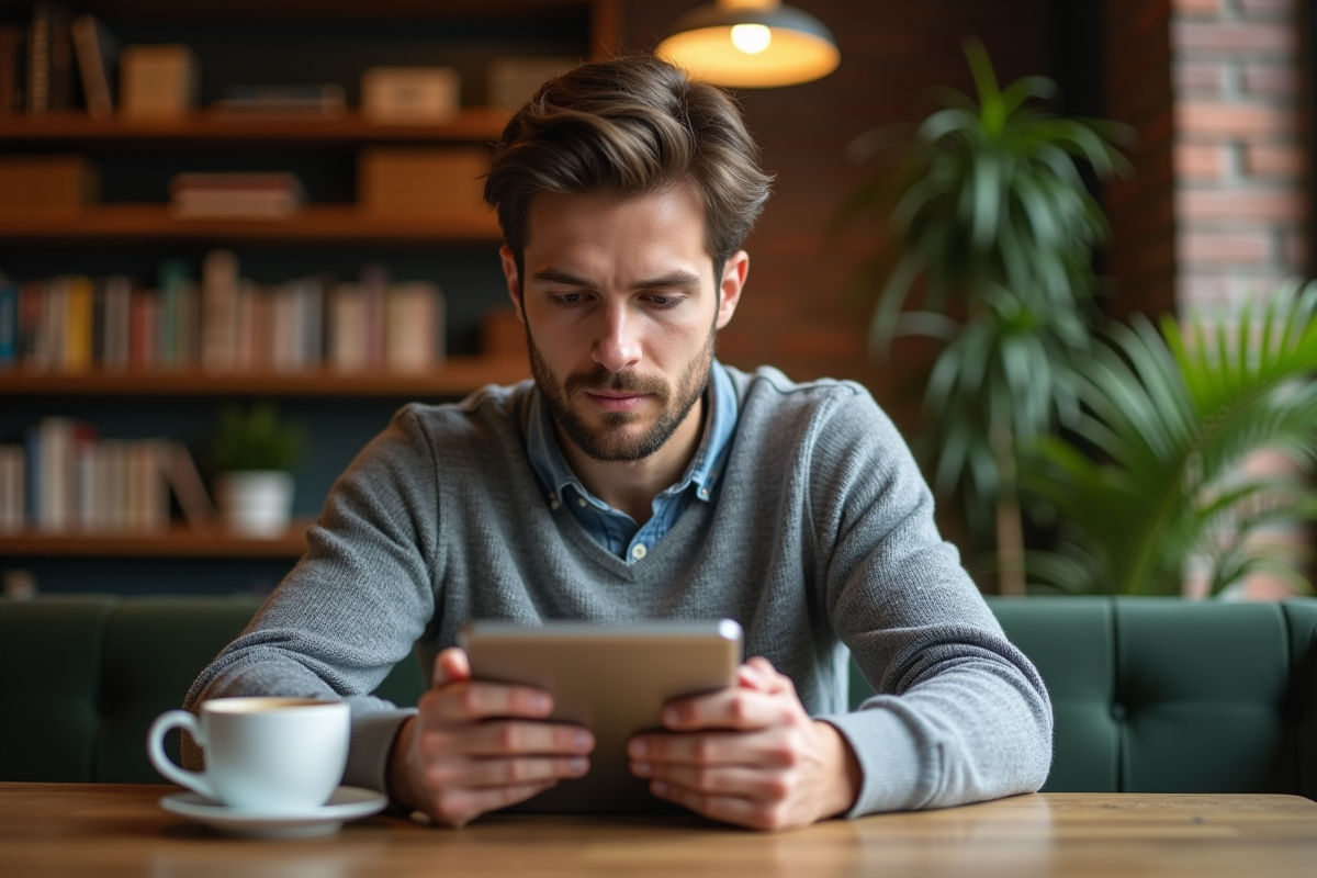 Jeune homme au café surveillant ses statistiques sur une tablette