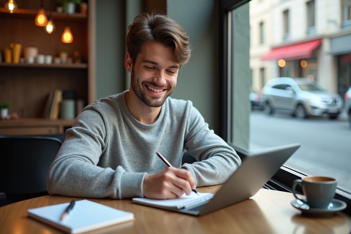 Jeune homme travaillant sur son ordinateur au café