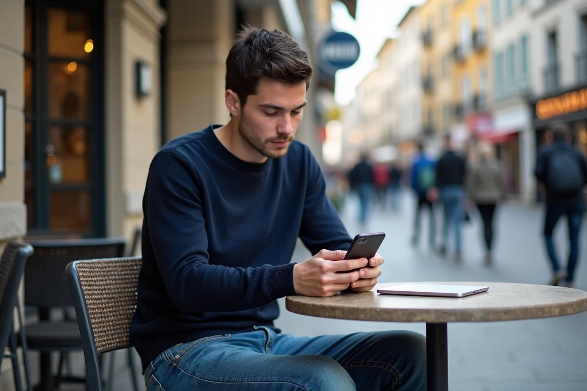 Jeune homme dans un café urbain consulte son smartphone