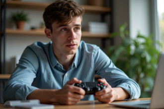Jeune homme concentré jouant à la console dans un salon moderne