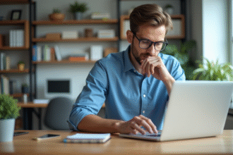 Jeune homme concentré travaillant sur un ordinateur portable dans un bureau moderne