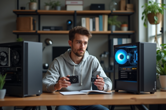 Jeune homme étudiant avec deux cartes graphiques dans un bureau moderne