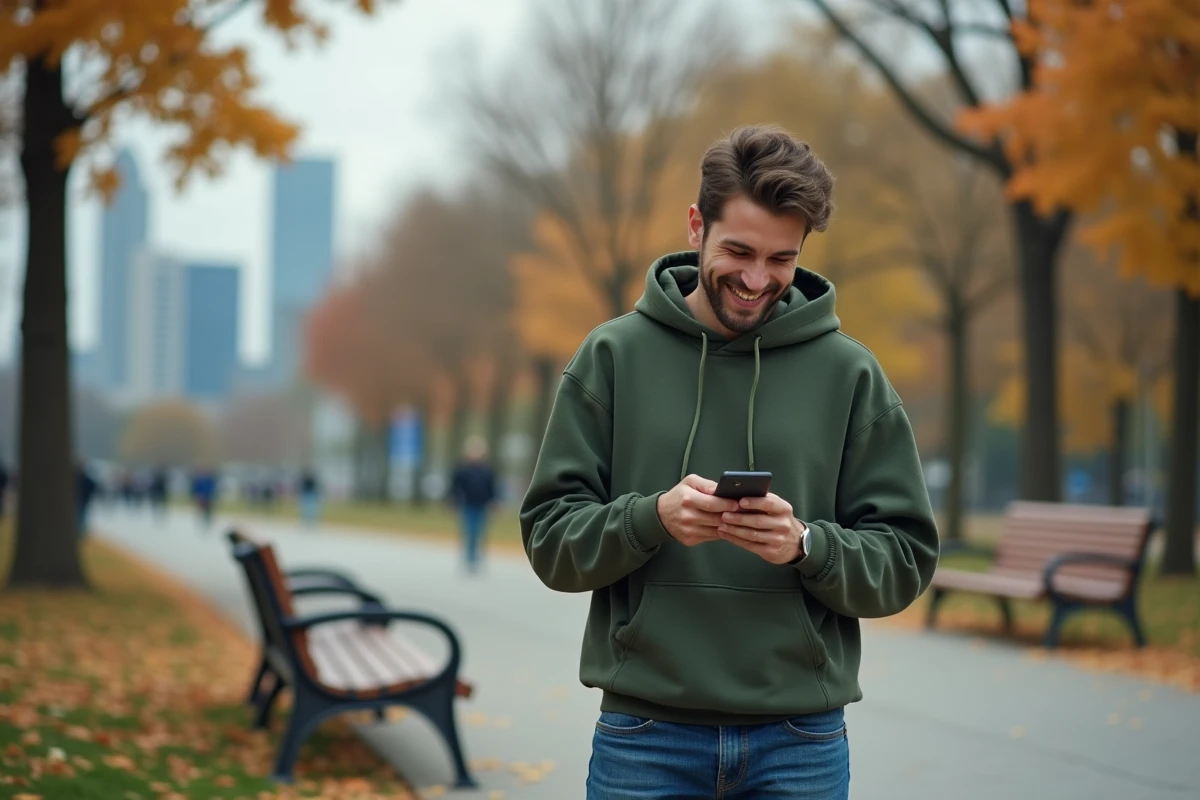 Jeune homme dans un parc urbain regardant son téléphone
