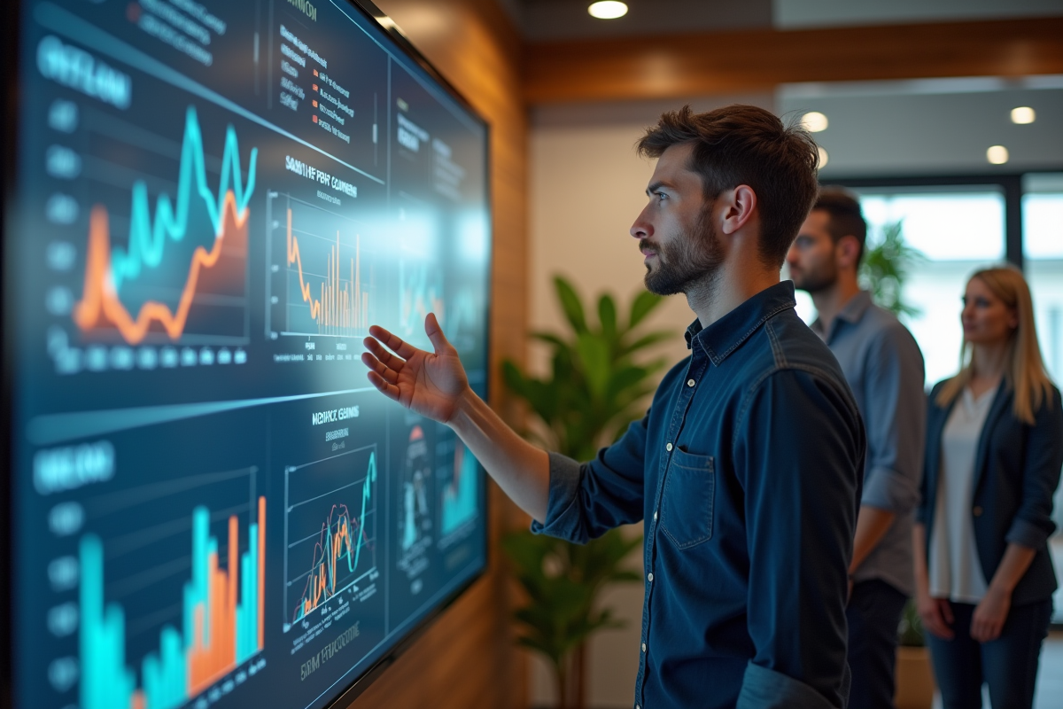 Jeune homme montrant des graphiques PPC à une équipe