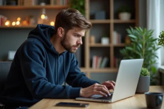 Jeune homme concentré sur son ordinateur portable en téléchargeant une vidéo YouTube