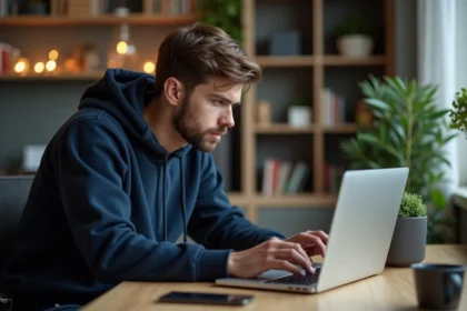 Jeune homme concentré sur son ordinateur portable en téléchargeant une vidéo YouTube