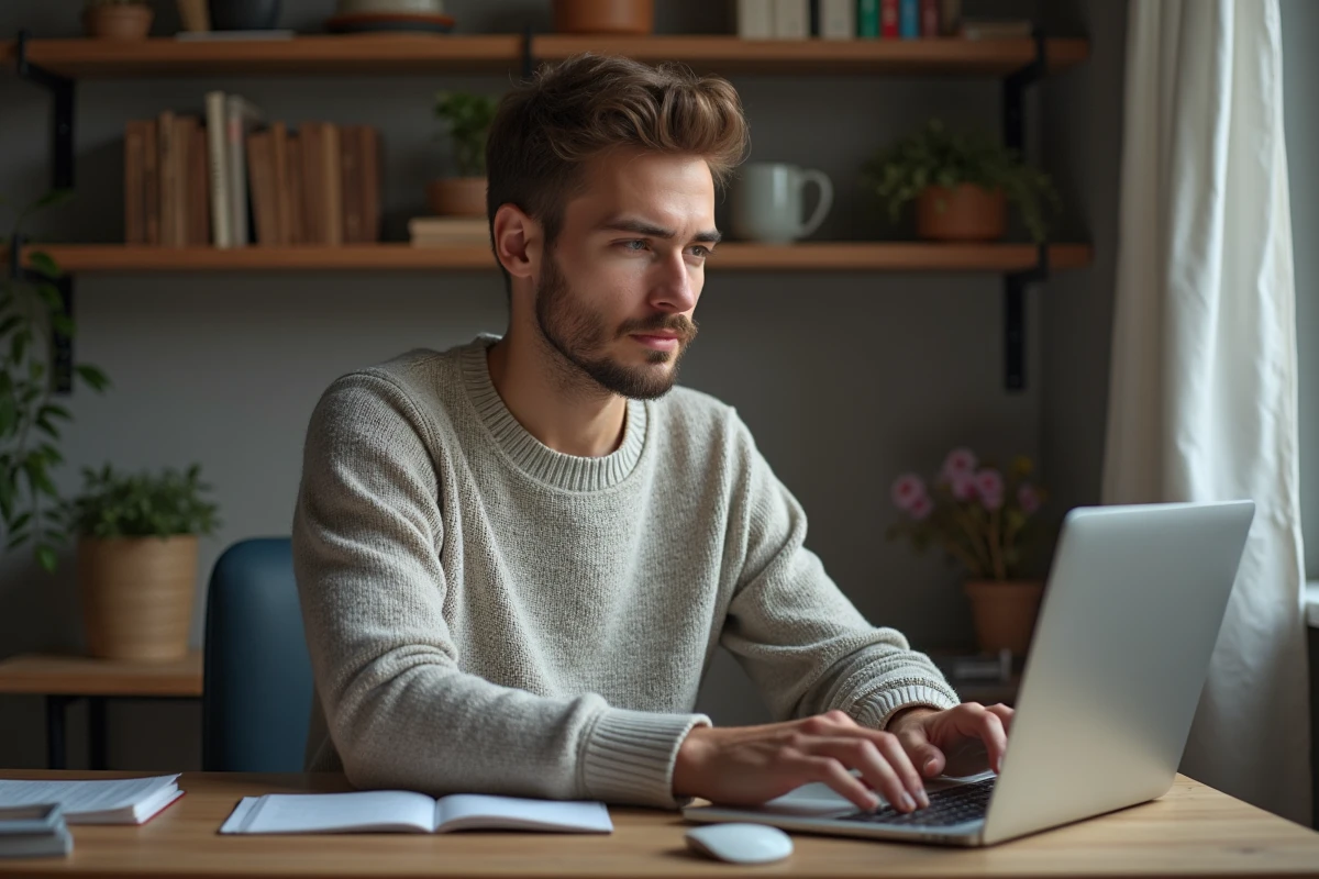Jeune homme travaillant sur un laptop avec claviers français et américain