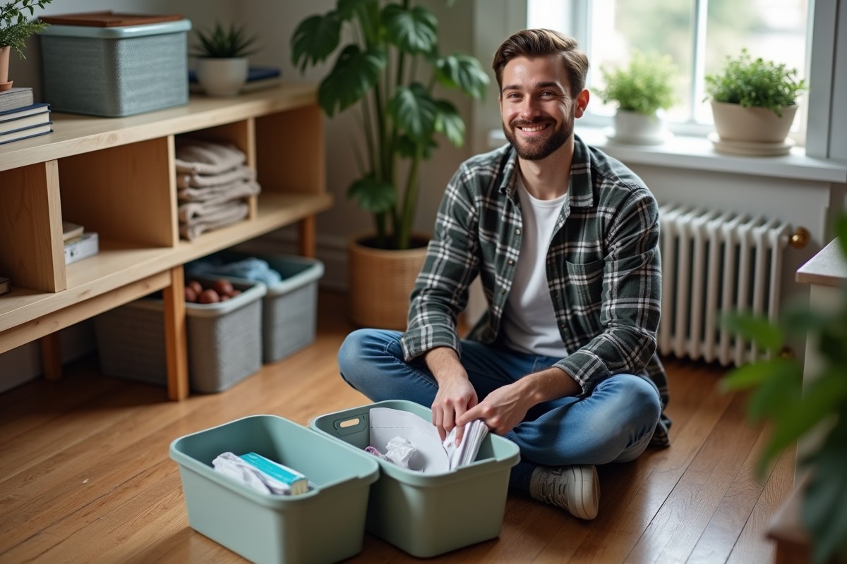 Jeune homme triant des objets dans un salon minimaliste