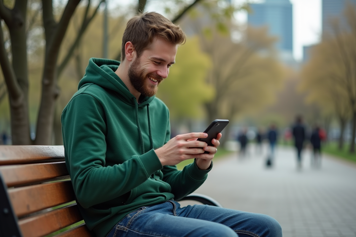 Jeune homme en hoodie utilisant VPN dans un parc