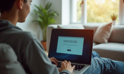 Jeune personne assise sur un canapé moderne avec un ordinateur portable affichant une erreur de streaming