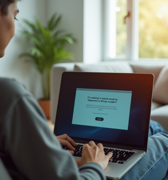 Jeune personne assise sur un canapé moderne avec un ordinateur portable affichant une erreur de streaming
