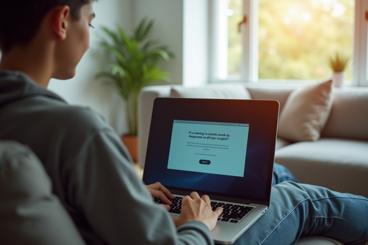 Jeune personne assise sur un canapé moderne avec un ordinateur portable affichant une erreur de streaming