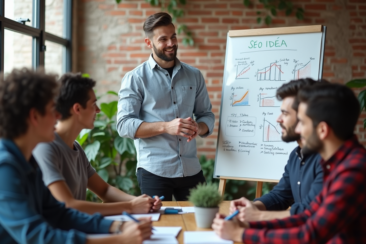 Jeune homme expliquant des diagrammes SEO en coworking