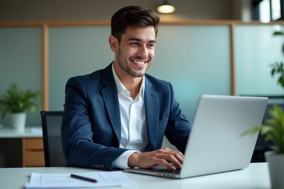 Jeune homme professionnel travaillant sur un laptop dans un bureau moderne