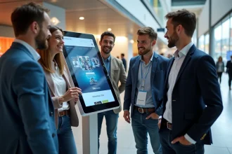 Groupe de jeunes professionnels autour d'un kiosque numérique